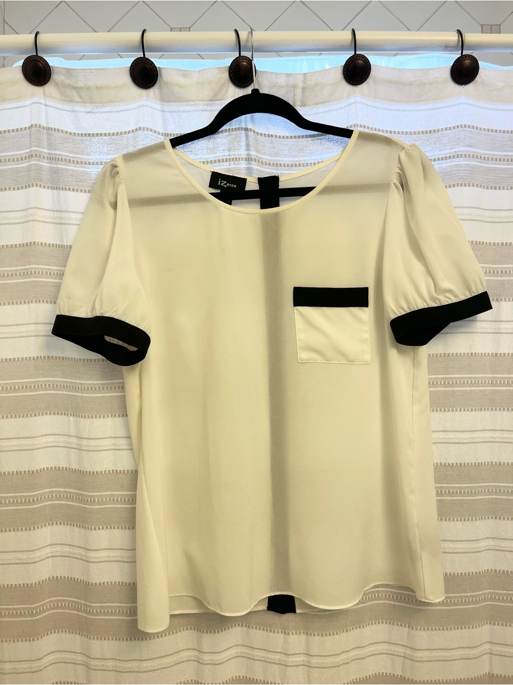IZ Byer Cream Short-Sleeve Pocket Blouse with Black Trim